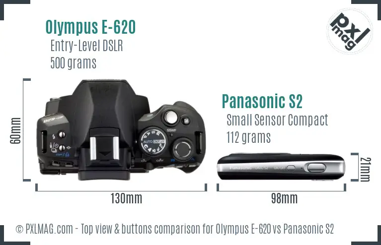 Olympus E-620 vs Panasonic S2 top view buttons comparison