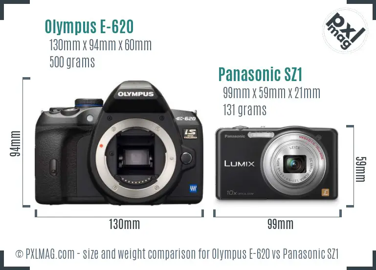 Olympus E-620 vs Panasonic SZ1 size comparison