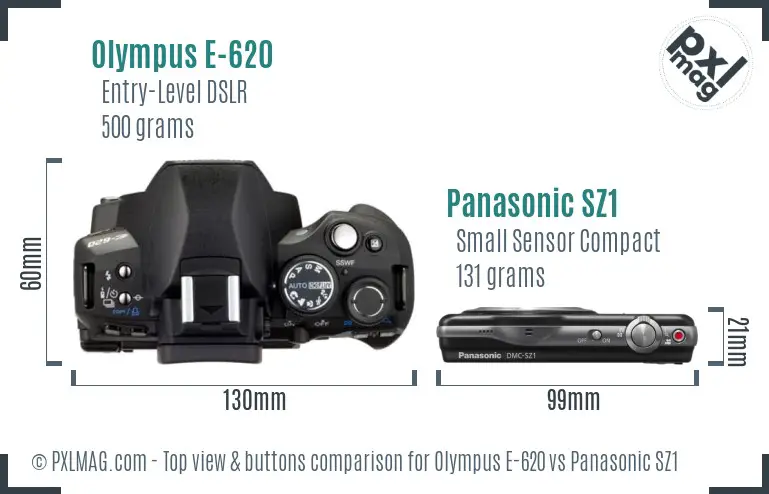 Olympus E-620 vs Panasonic SZ1 top view buttons comparison