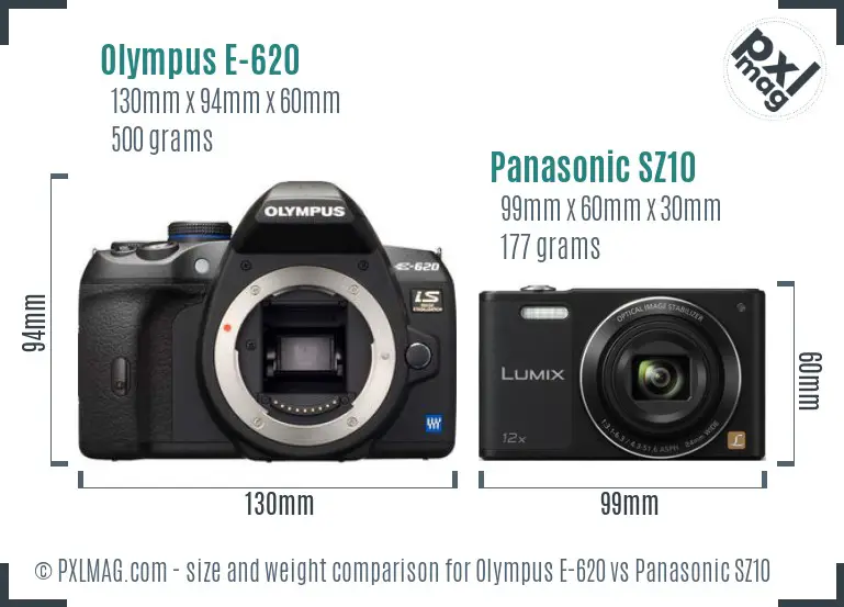 Olympus E-620 vs Panasonic SZ10 size comparison