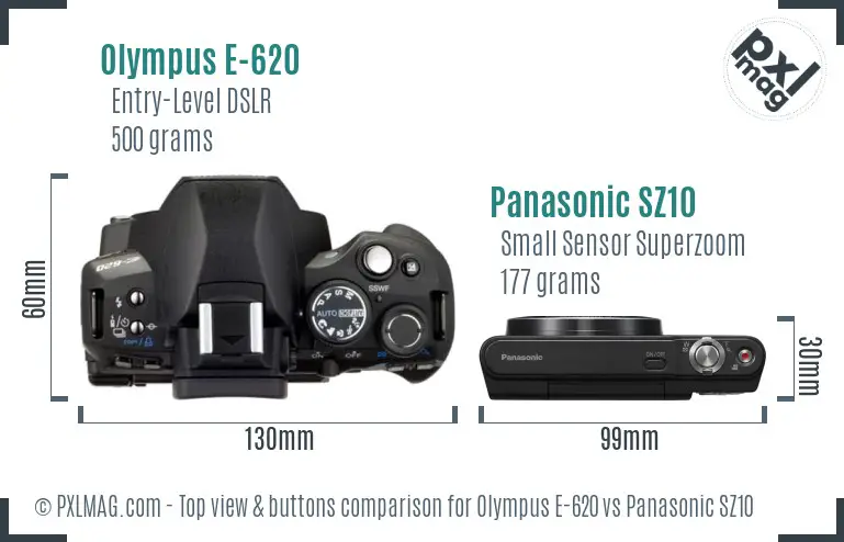 Olympus E-620 vs Panasonic SZ10 top view buttons comparison