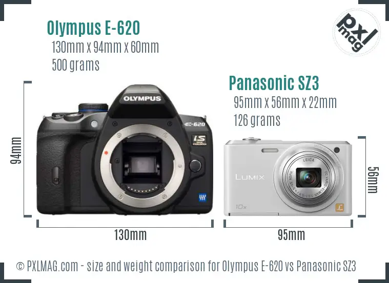 Olympus E-620 vs Panasonic SZ3 size comparison
