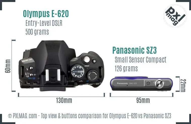 Olympus E-620 vs Panasonic SZ3 top view buttons comparison