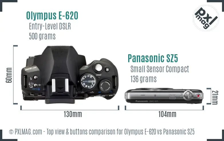 Olympus E-620 vs Panasonic SZ5 top view buttons comparison