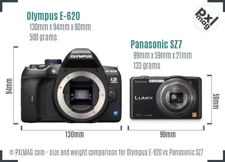 Olympus E-620 vs Panasonic SZ7 size comparison