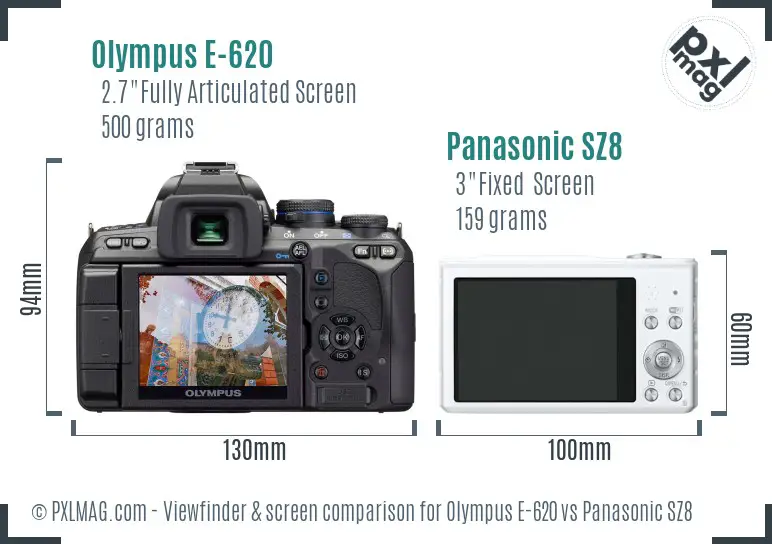 Olympus E-620 vs Panasonic SZ8 Screen and Viewfinder comparison