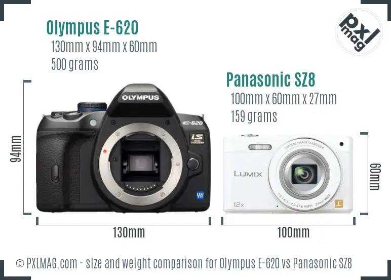 Olympus E-620 vs Panasonic SZ8 size comparison