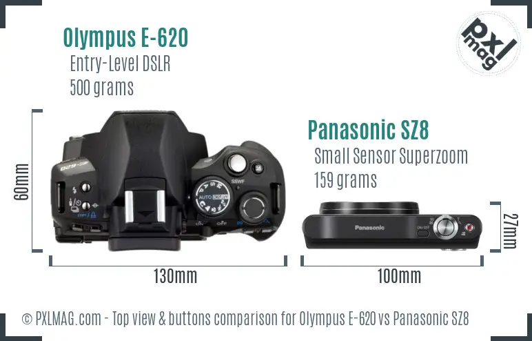 Olympus E-620 vs Panasonic SZ8 top view buttons comparison