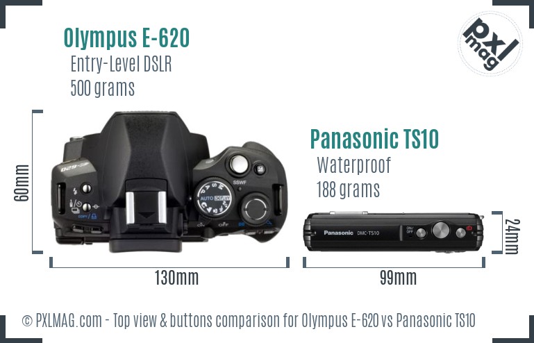 Olympus E-620 vs Panasonic TS10 top view buttons comparison