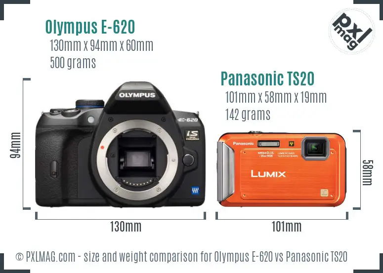 Olympus E-620 vs Panasonic TS20 size comparison