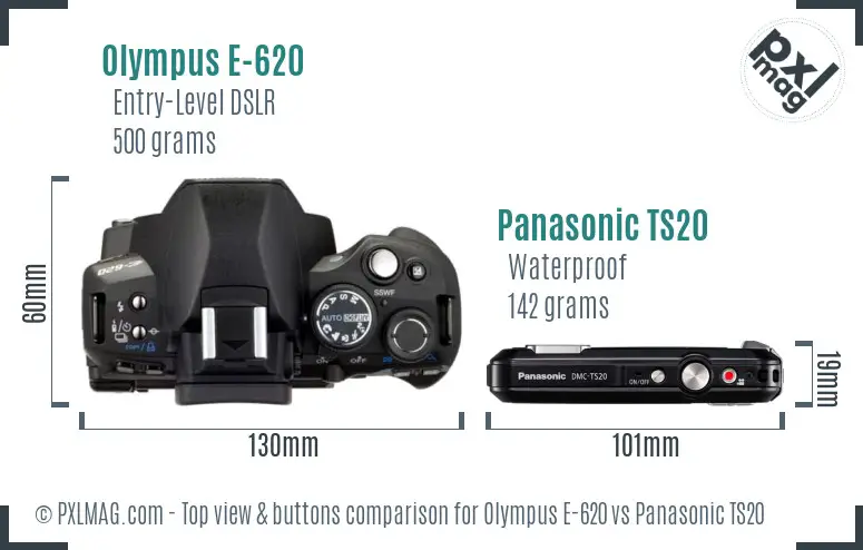 Olympus E-620 vs Panasonic TS20 top view buttons comparison