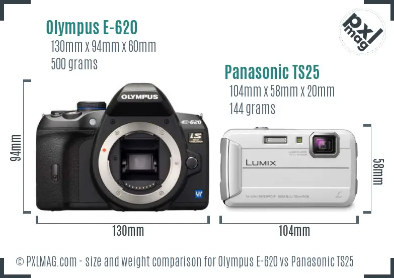 Olympus E-620 vs Panasonic TS25 size comparison