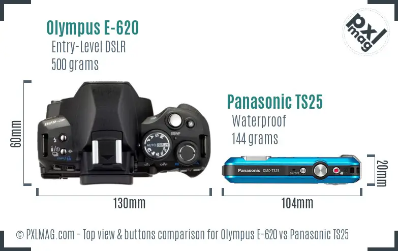 Olympus E-620 vs Panasonic TS25 top view buttons comparison