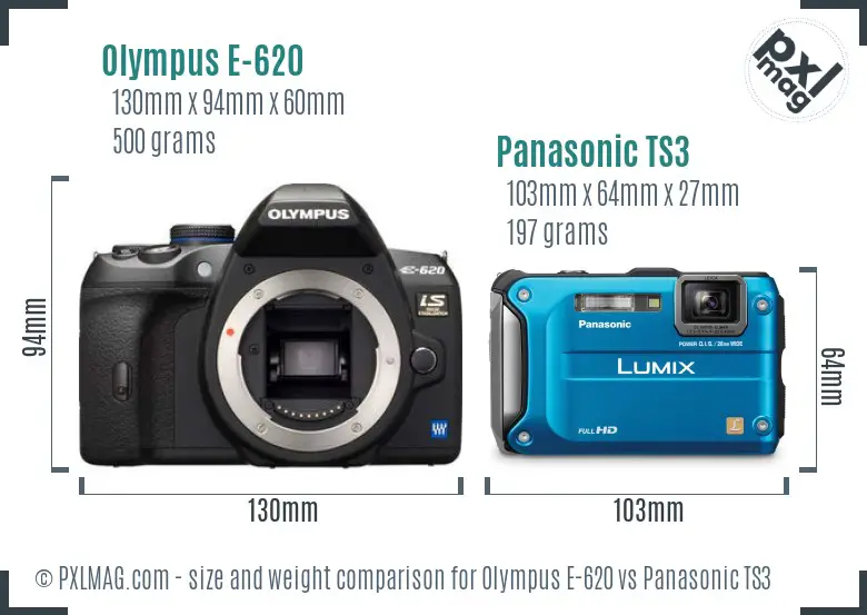 Olympus E-620 vs Panasonic TS3 size comparison