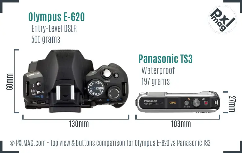Olympus E-620 vs Panasonic TS3 top view buttons comparison