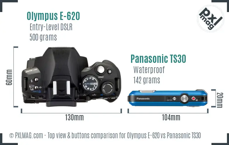 Olympus E-620 vs Panasonic TS30 top view buttons comparison