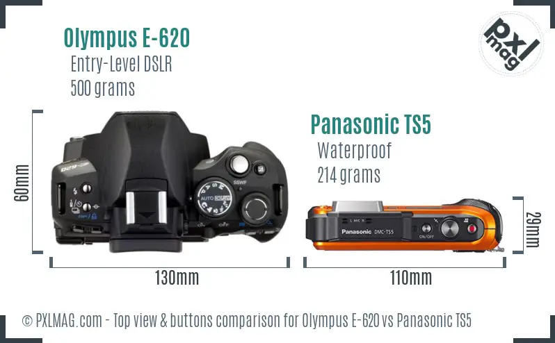 Olympus E-620 vs Panasonic TS5 top view buttons comparison