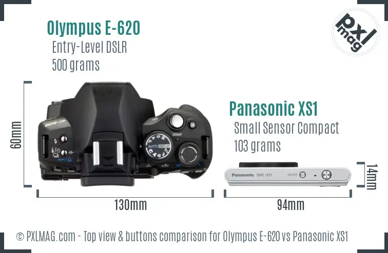 Olympus E-620 vs Panasonic XS1 top view buttons comparison