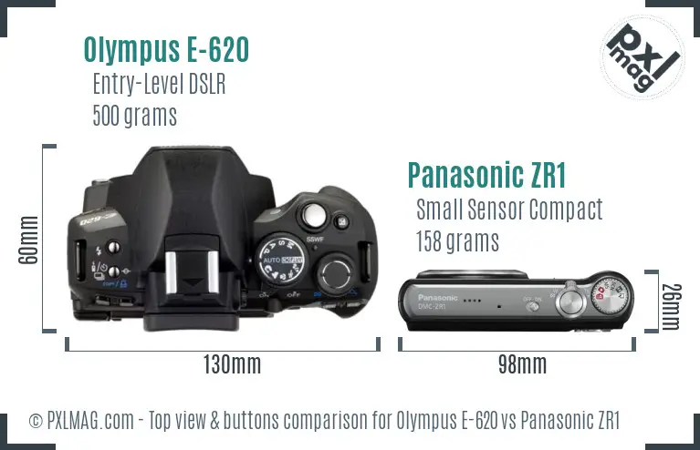 Olympus E-620 vs Panasonic ZR1 top view buttons comparison