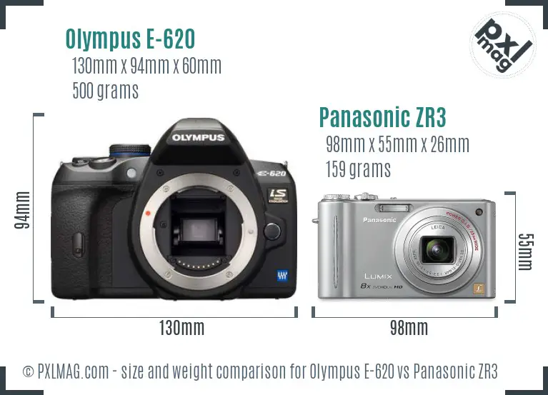 Olympus E-620 vs Panasonic ZR3 size comparison