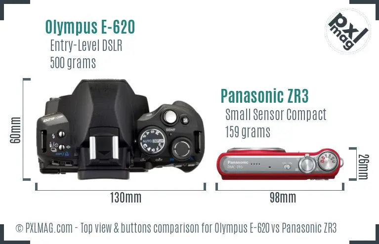Olympus E-620 vs Panasonic ZR3 top view buttons comparison
