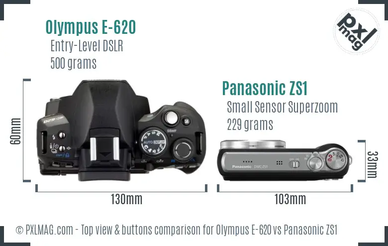 Olympus E-620 vs Panasonic ZS1 top view buttons comparison