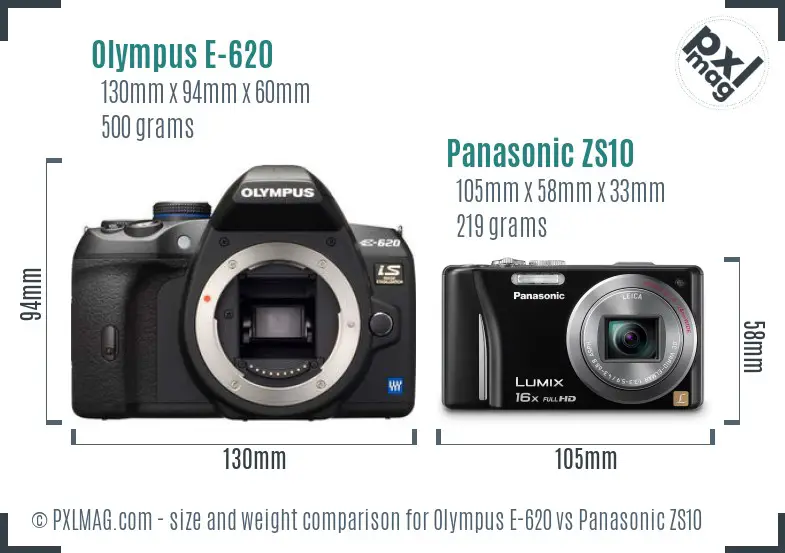 Olympus E-620 vs Panasonic ZS10 size comparison