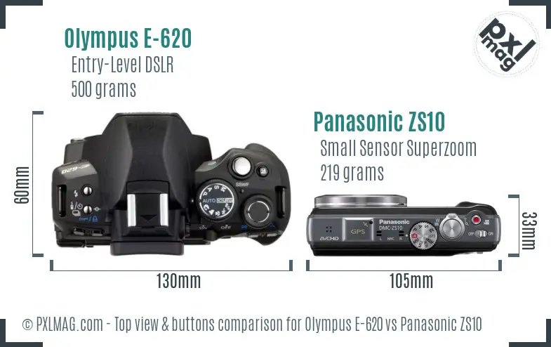 Olympus E-620 vs Panasonic ZS10 top view buttons comparison