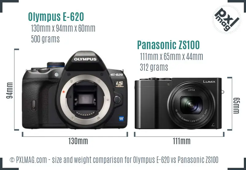Olympus E-620 vs Panasonic ZS100 size comparison
