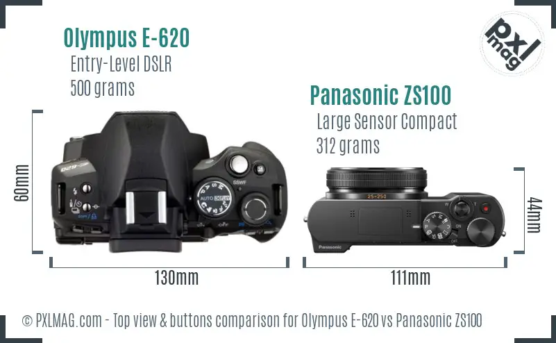 Olympus E-620 vs Panasonic ZS100 top view buttons comparison