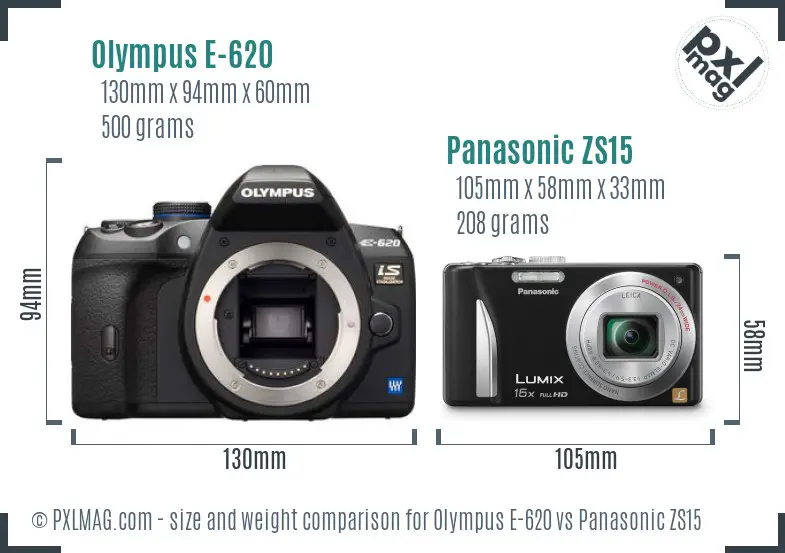 Olympus E-620 vs Panasonic ZS15 size comparison