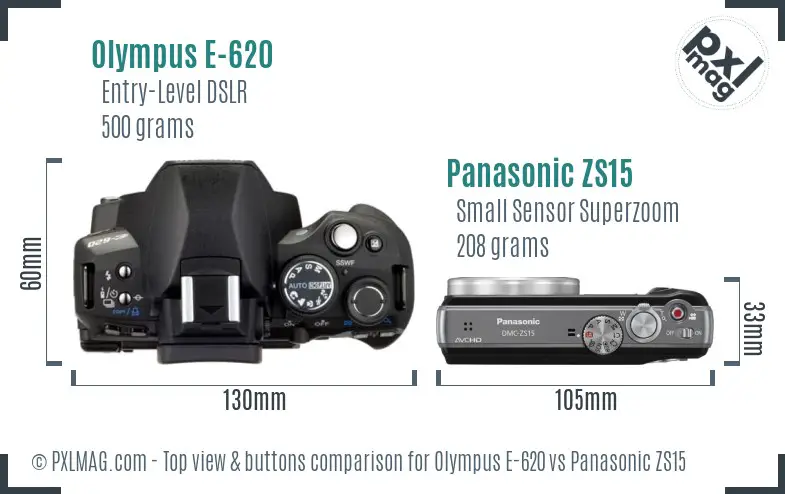 Olympus E-620 vs Panasonic ZS15 top view buttons comparison
