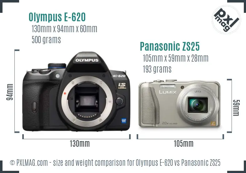 Olympus E-620 vs Panasonic ZS25 size comparison
