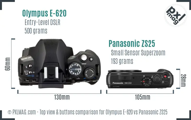 Olympus E-620 vs Panasonic ZS25 top view buttons comparison
