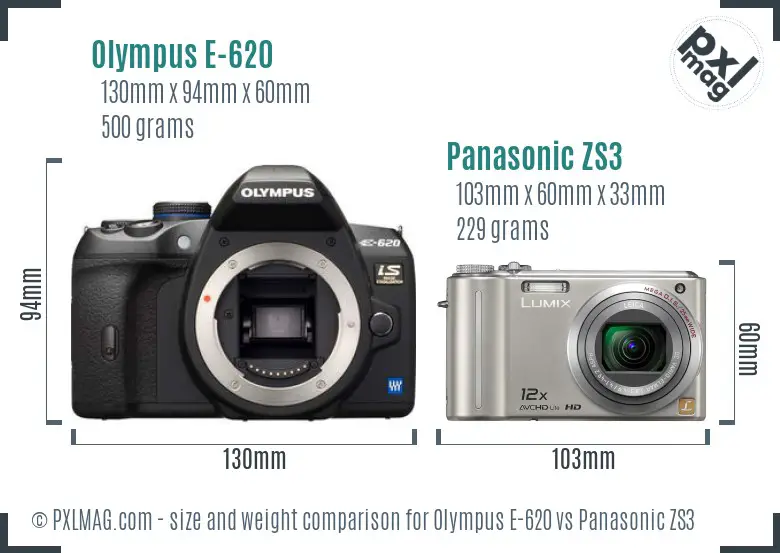 Olympus E-620 vs Panasonic ZS3 size comparison