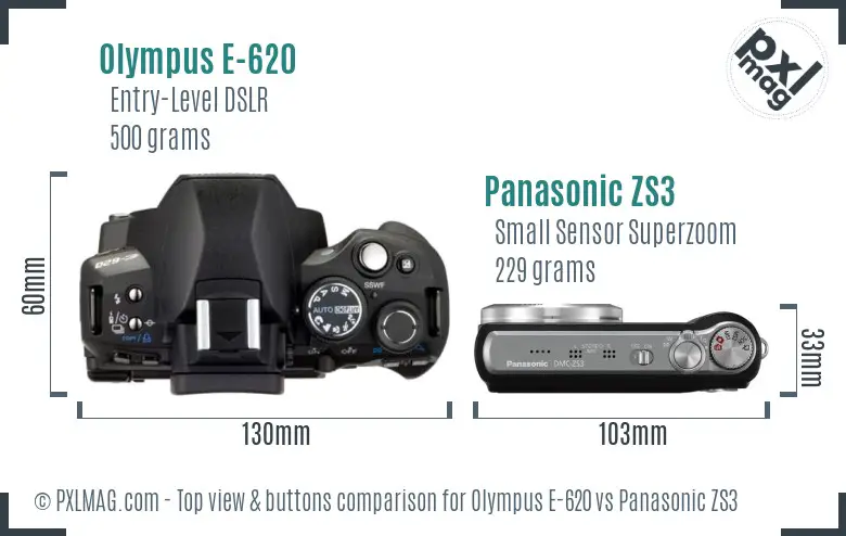 Olympus E-620 vs Panasonic ZS3 top view buttons comparison