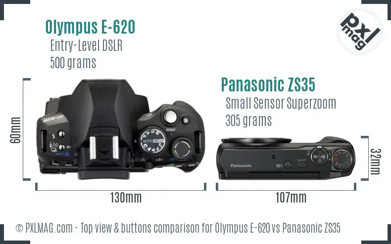 Olympus E-620 vs Panasonic ZS35 top view buttons comparison