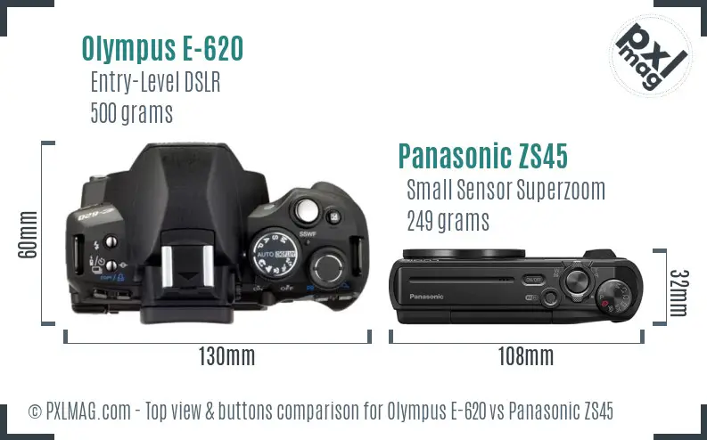 Olympus E-620 vs Panasonic ZS45 top view buttons comparison