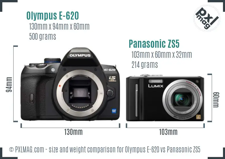 Olympus E-620 vs Panasonic ZS5 size comparison