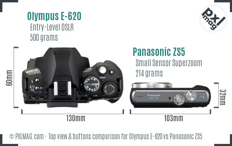 Olympus E-620 vs Panasonic ZS5 top view buttons comparison