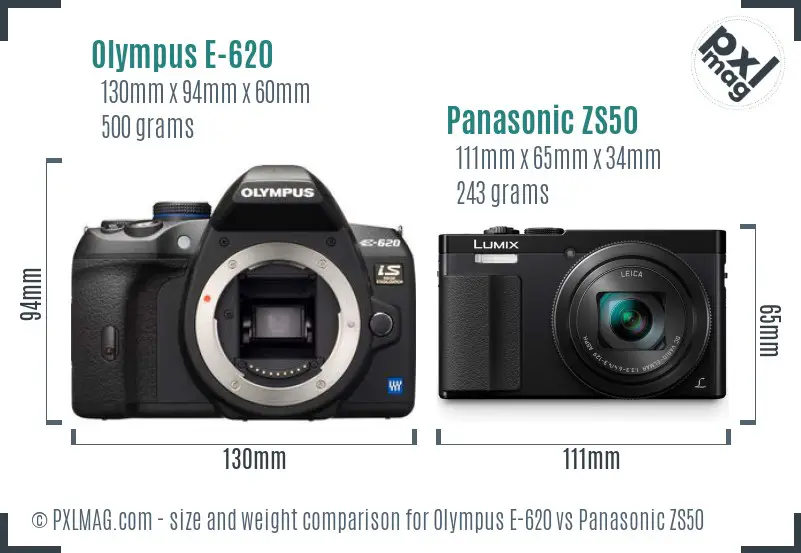 Olympus E-620 vs Panasonic ZS50 size comparison