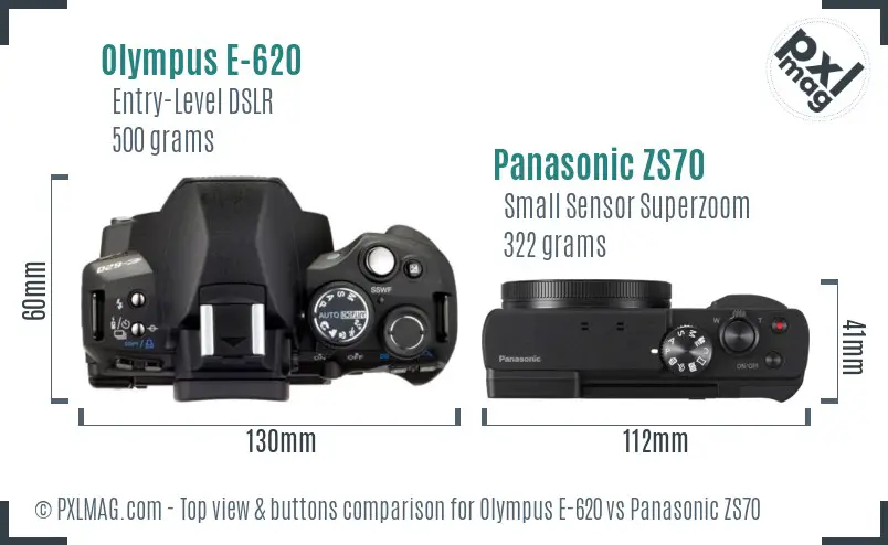 Olympus E-620 vs Panasonic ZS70 top view buttons comparison
