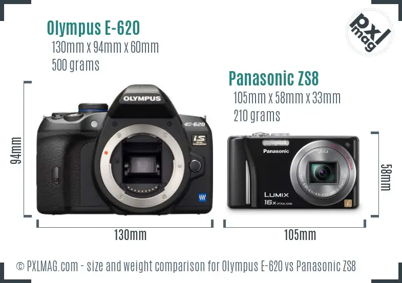 Olympus E-620 vs Panasonic ZS8 size comparison