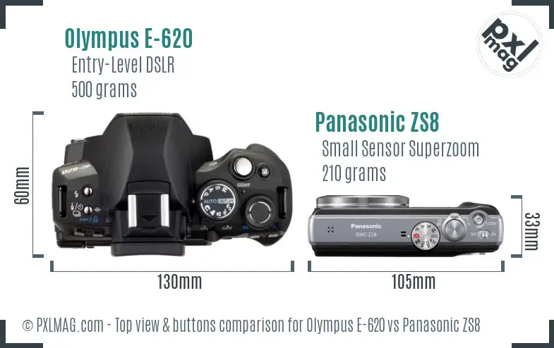 Olympus E-620 vs Panasonic ZS8 top view buttons comparison