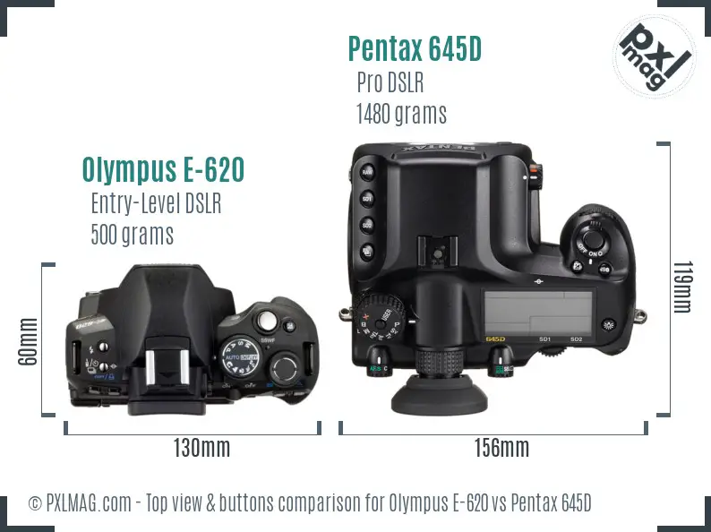 Olympus E-620 vs Pentax 645D top view buttons comparison