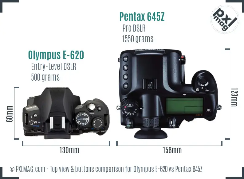 Olympus E-620 vs Pentax 645Z top view buttons comparison