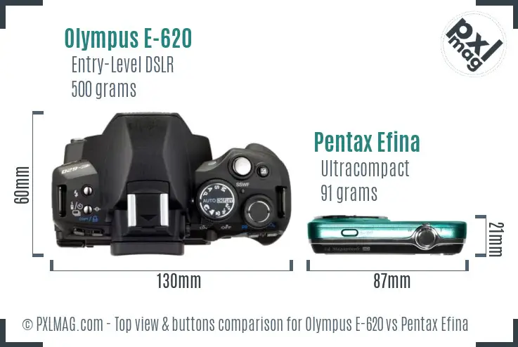 Olympus E-620 vs Pentax Efina top view buttons comparison
