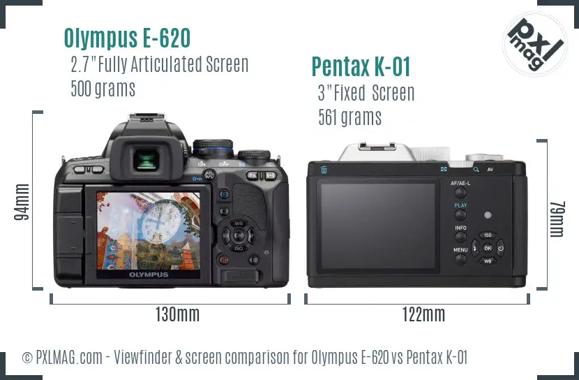 Olympus E-620 vs Pentax K-01 Screen and Viewfinder comparison