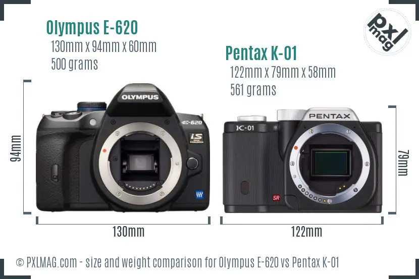 Olympus E-620 vs Pentax K-01 size comparison