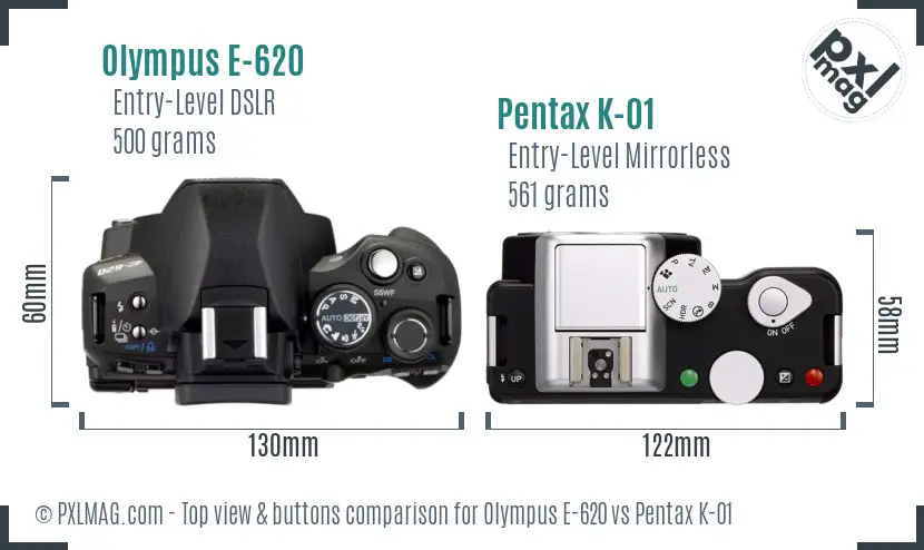 Olympus E-620 vs Pentax K-01 top view buttons comparison